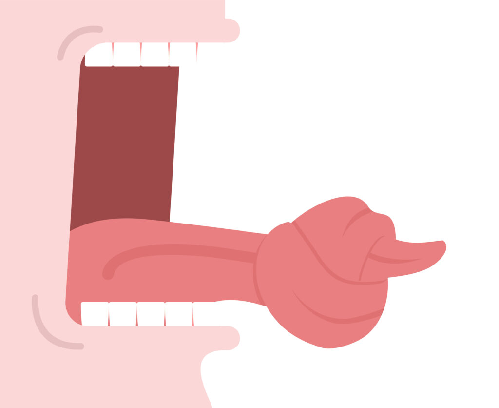 Cartoon illustration with a tongue-twisted character, humorously capturing the tongue twisters used to practise speech with dentures.