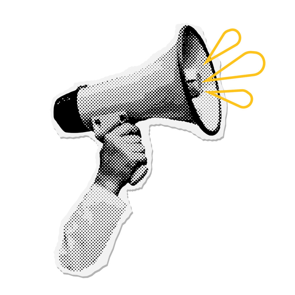 Megaphone illustration symbolizing finding your confident voice with dentures and speech